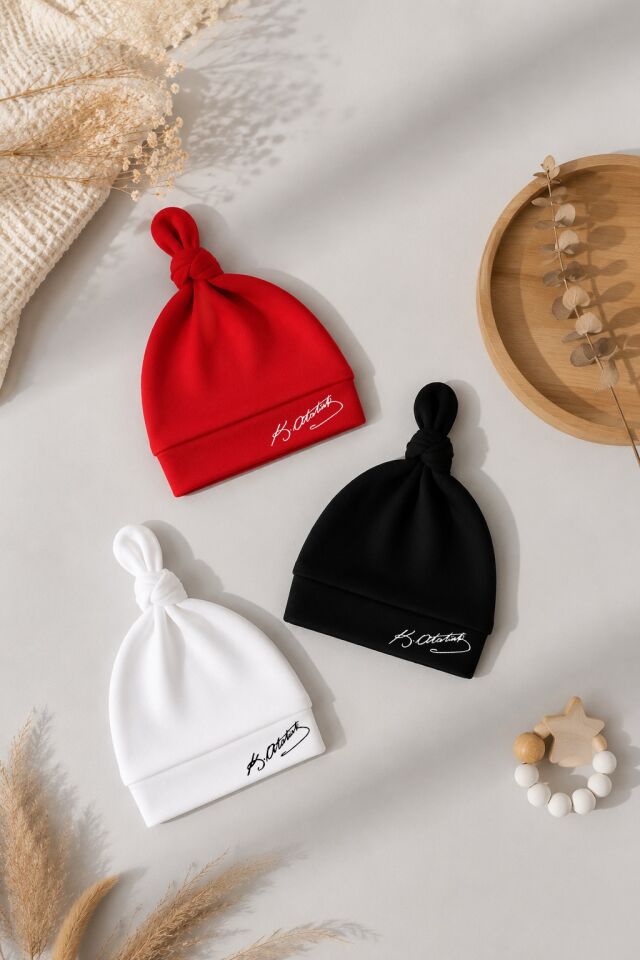 Atatürk İmzalı Yenidoğan Bebek Şapka Seti 3’lü Paket %100 Pamuklu Unisex Bebek Bere Takımı