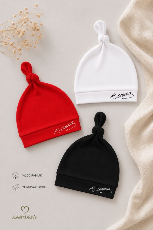 Atatürk İmzalı Yenidoğan Bebek Şapka Seti 3’lü Paket %100 Pamuklu Unisex Bebek Bere Takımı