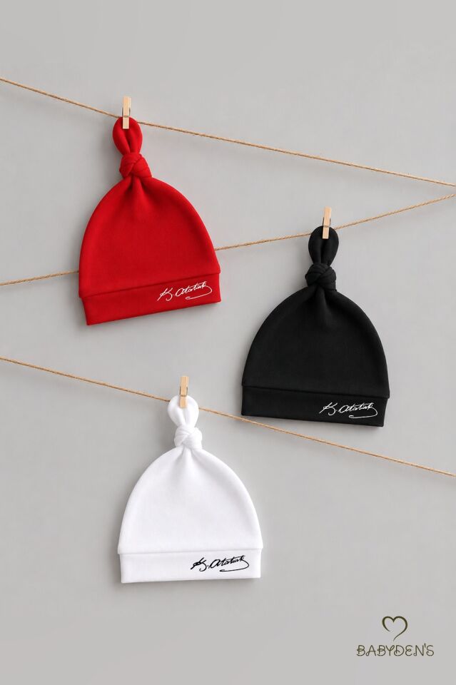 Atatürk İmzalı Yenidoğan Bebek Şapka Seti 3’lü Paket %100 Pamuklu Unisex Bebek Bere Takımı