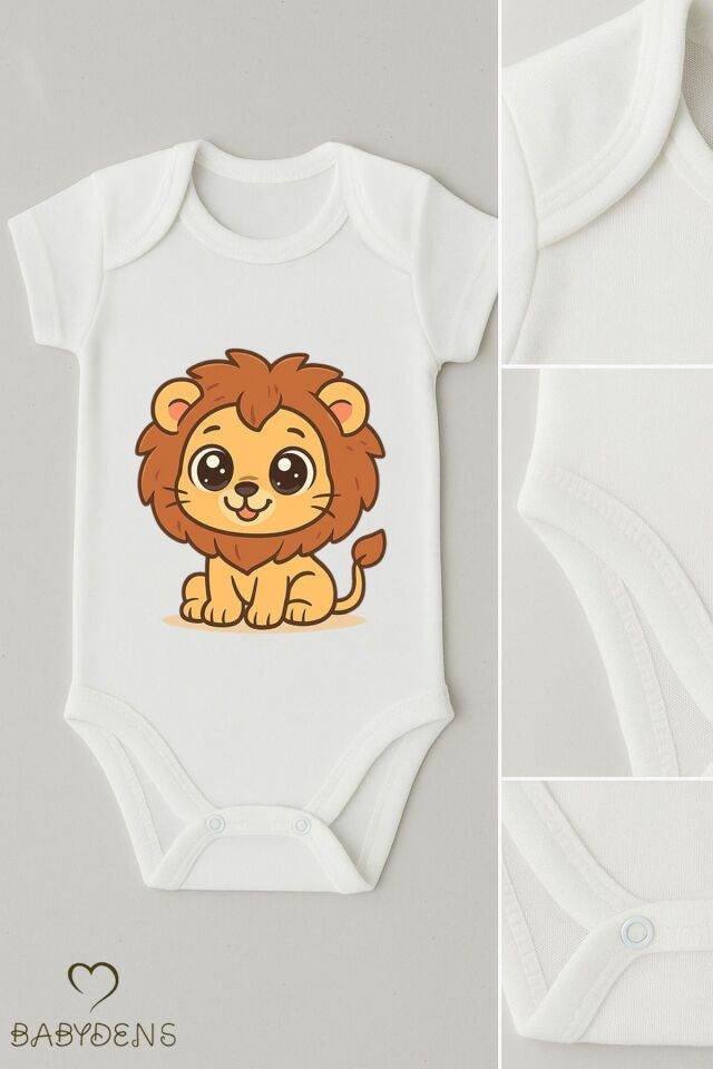 %100 Pamuklu Sevimli Hayvan Figürlü Bebek Body Unisex Çıtçıtlı Tulum Yazlık Kısa Kollu Zıbın Aslan 12-18 Ay