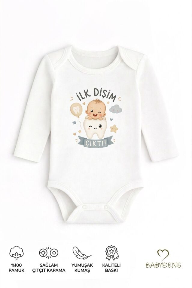 İlk Dişim Çıktı Baskılı Uzun Kol Bebek Body %100 Pamuk Unisex Diş Buğdayı Konsept Çıtçıtlı Zıbın