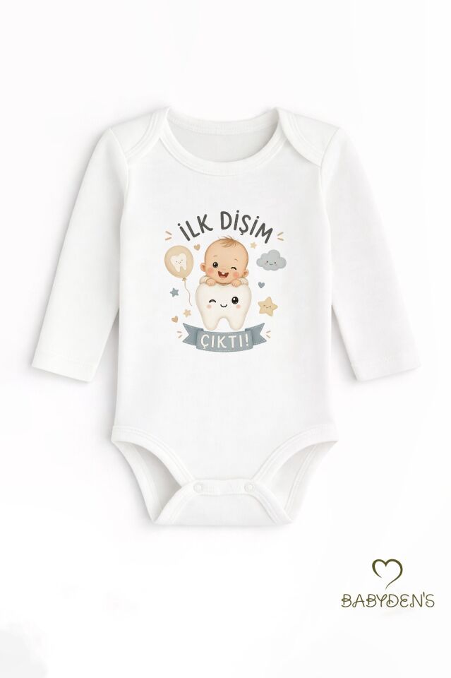 İlk Dişim Çıktı Baskılı Uzun Kol Bebek Body %100 Pamuk Unisex Diş Buğdayı Konsept Çıtçıtlı Zıbın