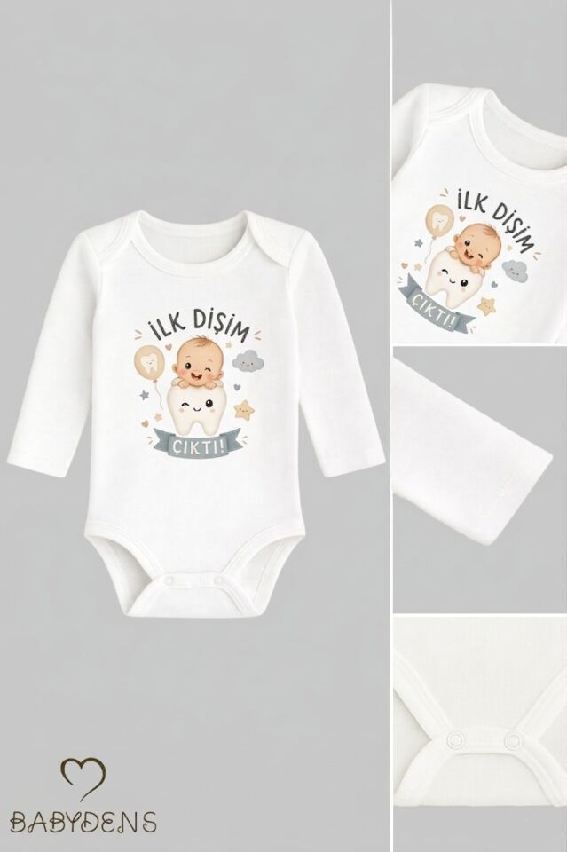 İlk Dişim Çıktı Baskılı Uzun Kol Bebek Body %100 Pamuk Unisex Diş Buğdayı Konsept Çıtçıtlı Zıbın