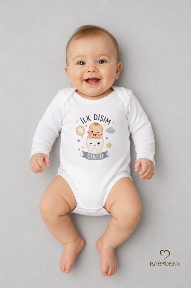 İlk Dişim Çıktı Baskılı Uzun Kol Bebek Body %100 Pamuk Unisex Diş Buğdayı Konsept Çıtçıtlı Zıbın