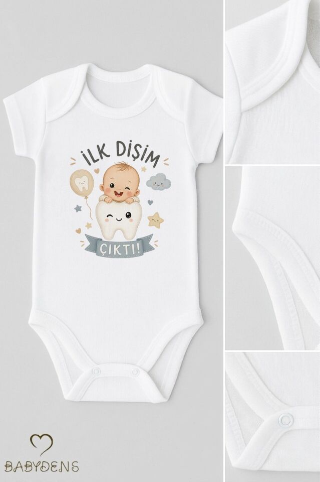 İlk Dişim Çıktı Baskılı Kısa Kol Bebek Body %100 Pamuk Unisex Diş Buğdayı Konsept Çıtçıtlı Zıbın