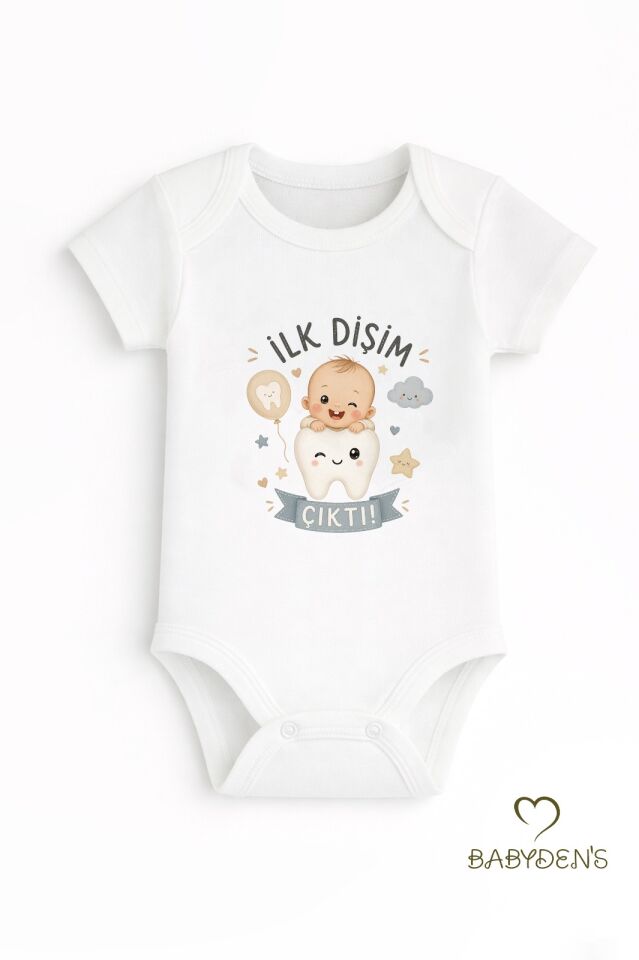 İlk Dişim Çıktı Baskılı Kısa Kol Bebek Body %100 Pamuk Unisex Diş Buğdayı Konsept Çıtçıtlı Zıbın