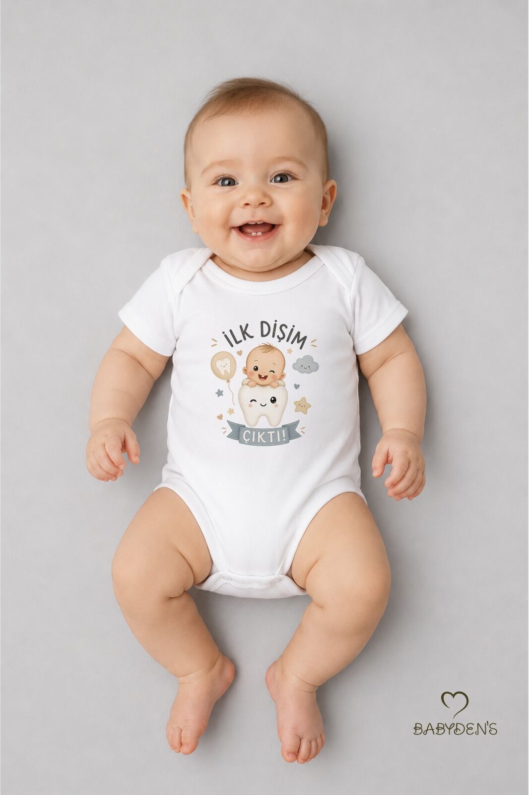 İlk Dişim Çıktı Baskılı Kısa Kol Bebek Body %100 Pamuk Unisex Diş Buğdayı Konsept Çıtçıtlı Zıbın