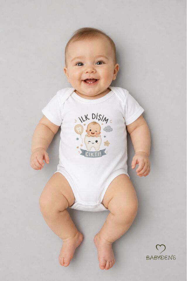 İlk Dişim Çıktı Baskılı Kısa Kol Bebek Body %100 Pamuk Unisex Diş Buğdayı Konsept Çıtçıtlı Zıbın