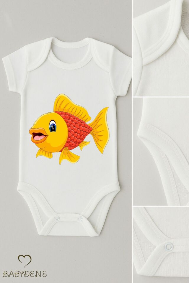 %100 Pamuklu Sevimli Hayvan Figürlü Bebek Body Unisex Çıtçıtlı Tulum Yazlık Kısa Kollu Zıbın Balık 6-9 Ay