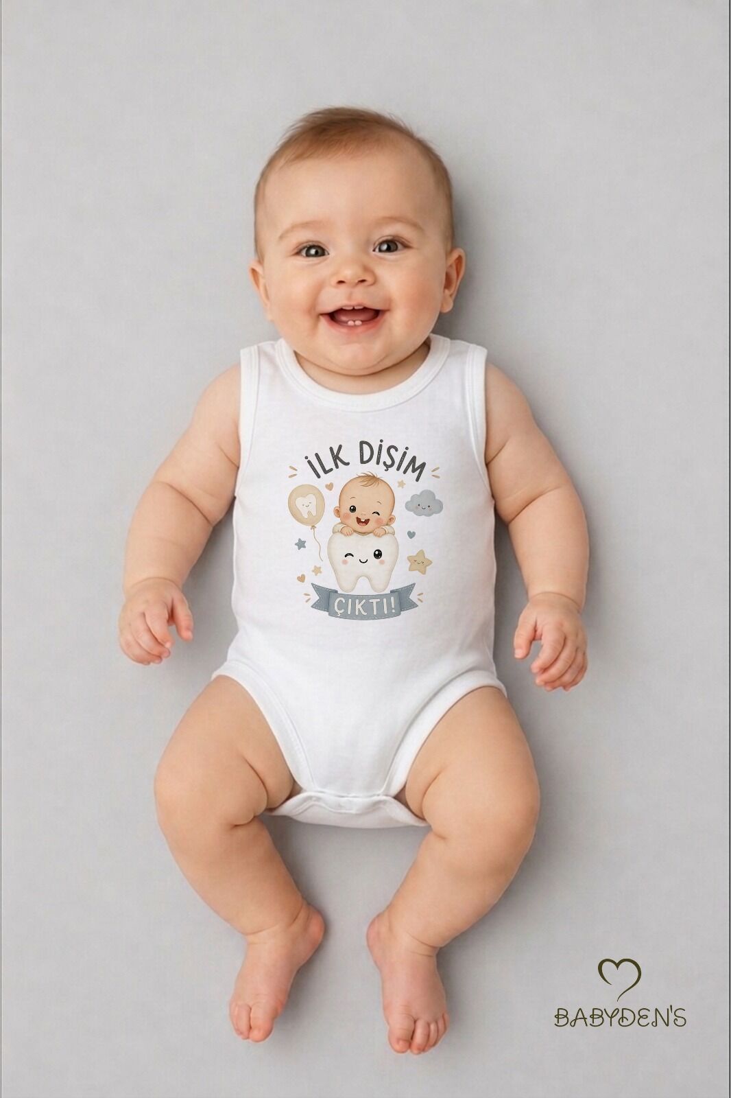 İlk Dişim Çıktı Baskılı Kolsuz Bebek Body %100 Pamuk Unisex Diş Buğdayı Konsept Çıtçıtlı Zıbın