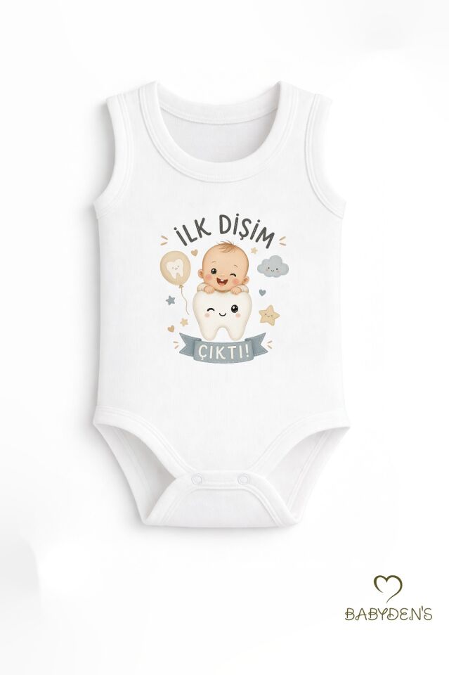 İlk Dişim Çıktı Baskılı Kolsuz Bebek Body %100 Pamuk Unisex Diş Buğdayı Konsept Çıtçıtlı Zıbın