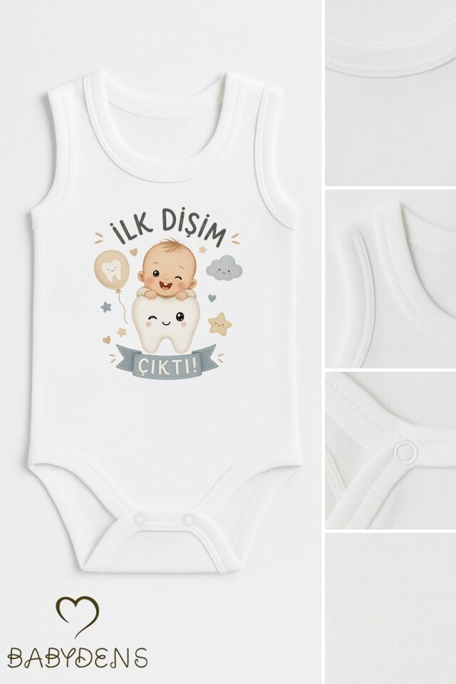 İlk Dişim Çıktı Baskılı Kolsuz Bebek Body %100 Pamuk Unisex Diş Buğdayı Konsept Çıtçıtlı Zıbın
