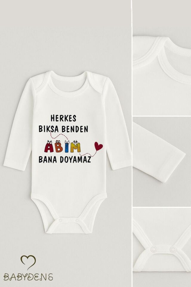 “Abim Bana Doyamaz” Yazılı Uzun Kollu Bebek Body %100 Pamuk, Çıtçıtlı Zıbın 0-24 Ay Arası Unisex