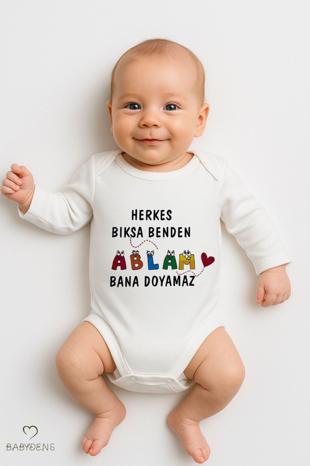 “Ablam Bana Doyamaz” Yazılı Uzun Kollu Bebek Body Çıtçıtlı %100Pamuk Zıbın 0-24 Ay Unisex Bebek Body
