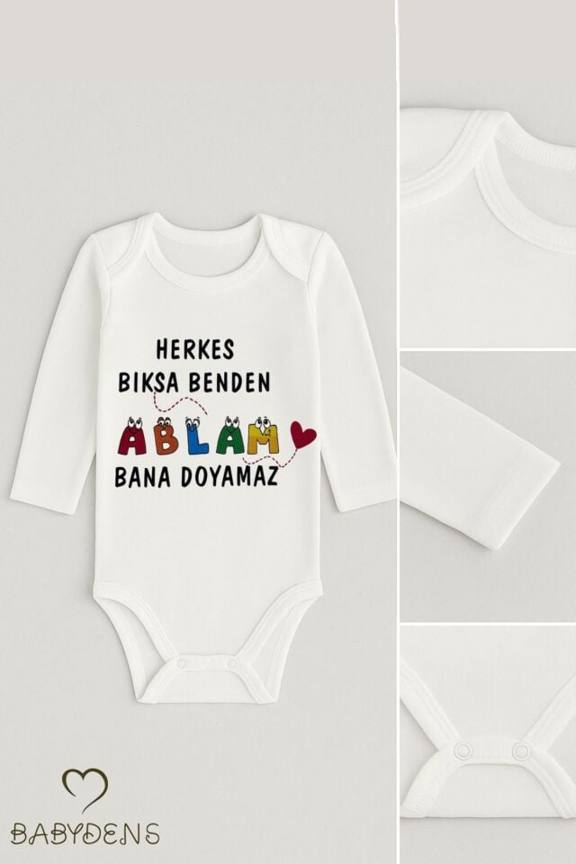 “Ablam Bana Doyamaz” Yazılı Uzun Kollu Bebek Body Çıtçıtlı %100Pamuk Zıbın 0-24 Ay Unisex Bebek Body