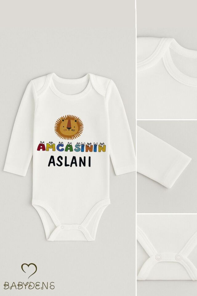“Amcasının Aslanı” Baskılı, Uzun Kollu Bebek Body %100 Pamuk, Çıtçıtlı Zıbın 0-24 Ay Bebek Body