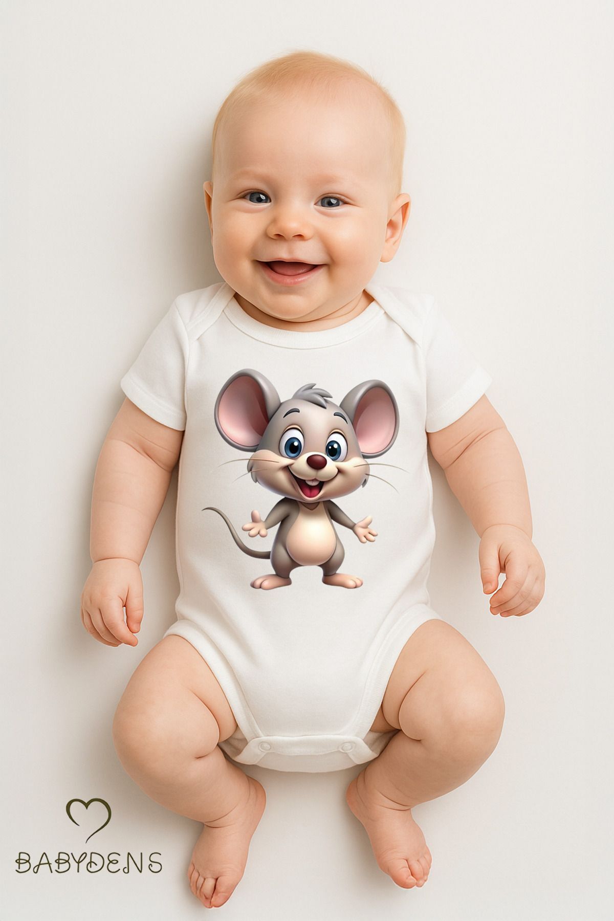 %100 Pamuklu Sevimli Hayvan Figürlü Bebek Body Unisex Çıtçıtlı Tulum Yazlık Kısa Kollu Zıbın Fare 6-9 Ay