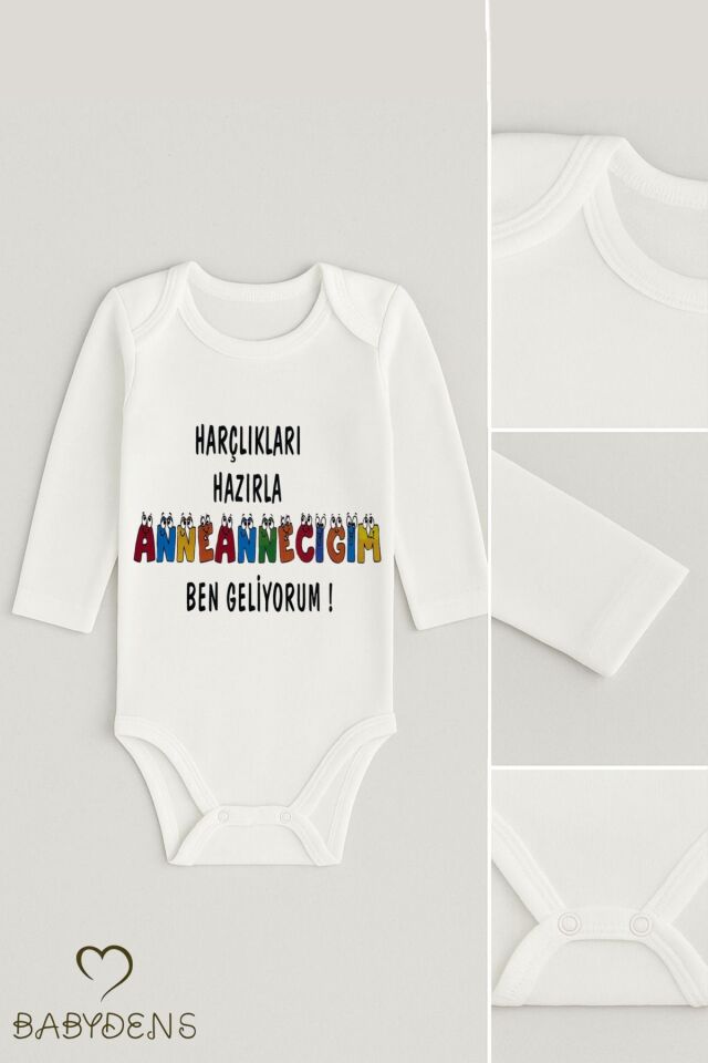 “Anneanneciğim Ben Geliyorum” Yazılı,Uzun Kollu Bebek Body %100 Pamuk Çıtçıtlı Zıbın – 0-24 Ay Body
