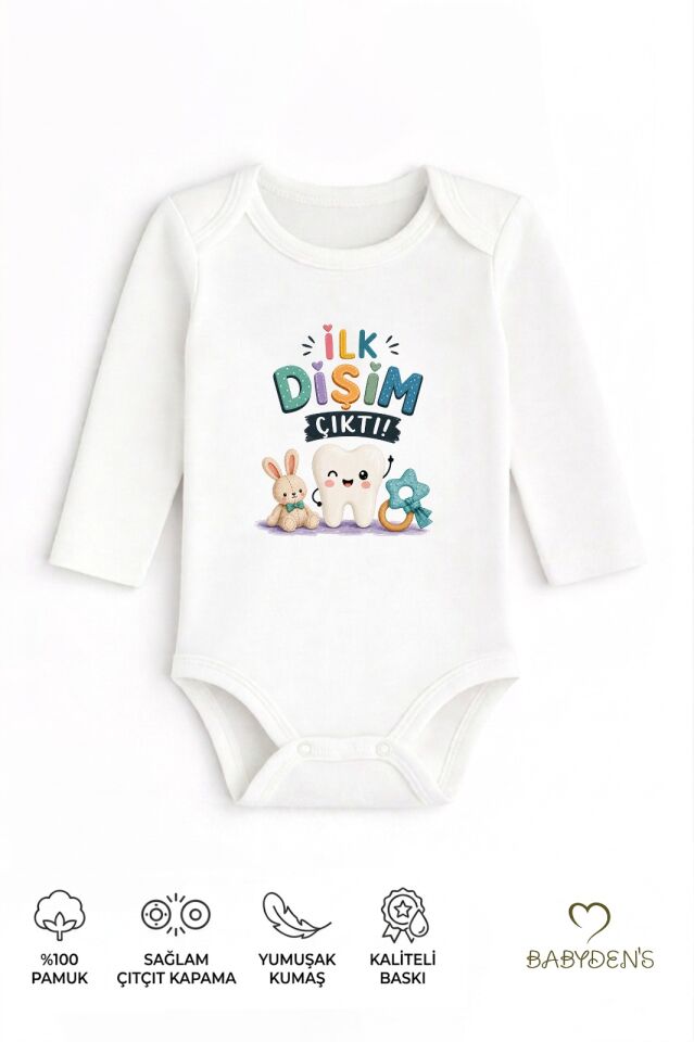 Diş Buğdayı Body %100 Pamuk İlk Dişim Çıktı Baskılı Uzun Kollu Bebek Body Çıtçıtlı Unisex Yenidoğan Zıbın