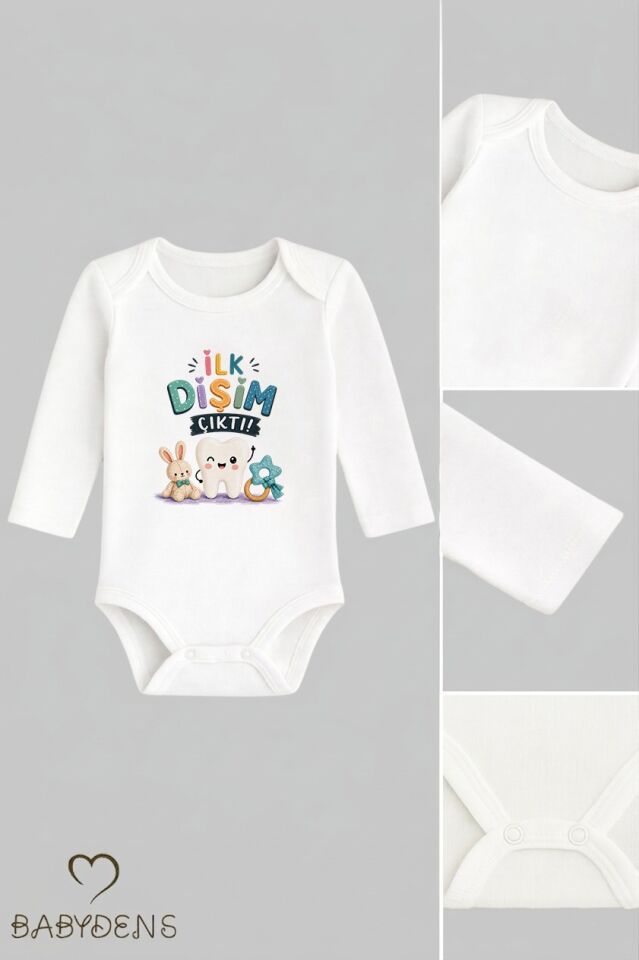 Diş Buğdayı Body %100 Pamuk İlk Dişim Çıktı Baskılı Uzun Kollu Bebek Body Çıtçıtlı Unisex Yenidoğan Zıbın