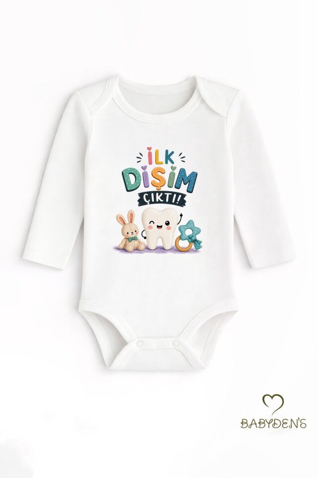 Diş Buğdayı Body %100 Pamuk İlk Dişim Çıktı Baskılı Uzun Kollu Bebek Body Çıtçıtlı Unisex Yenidoğan Zıbın