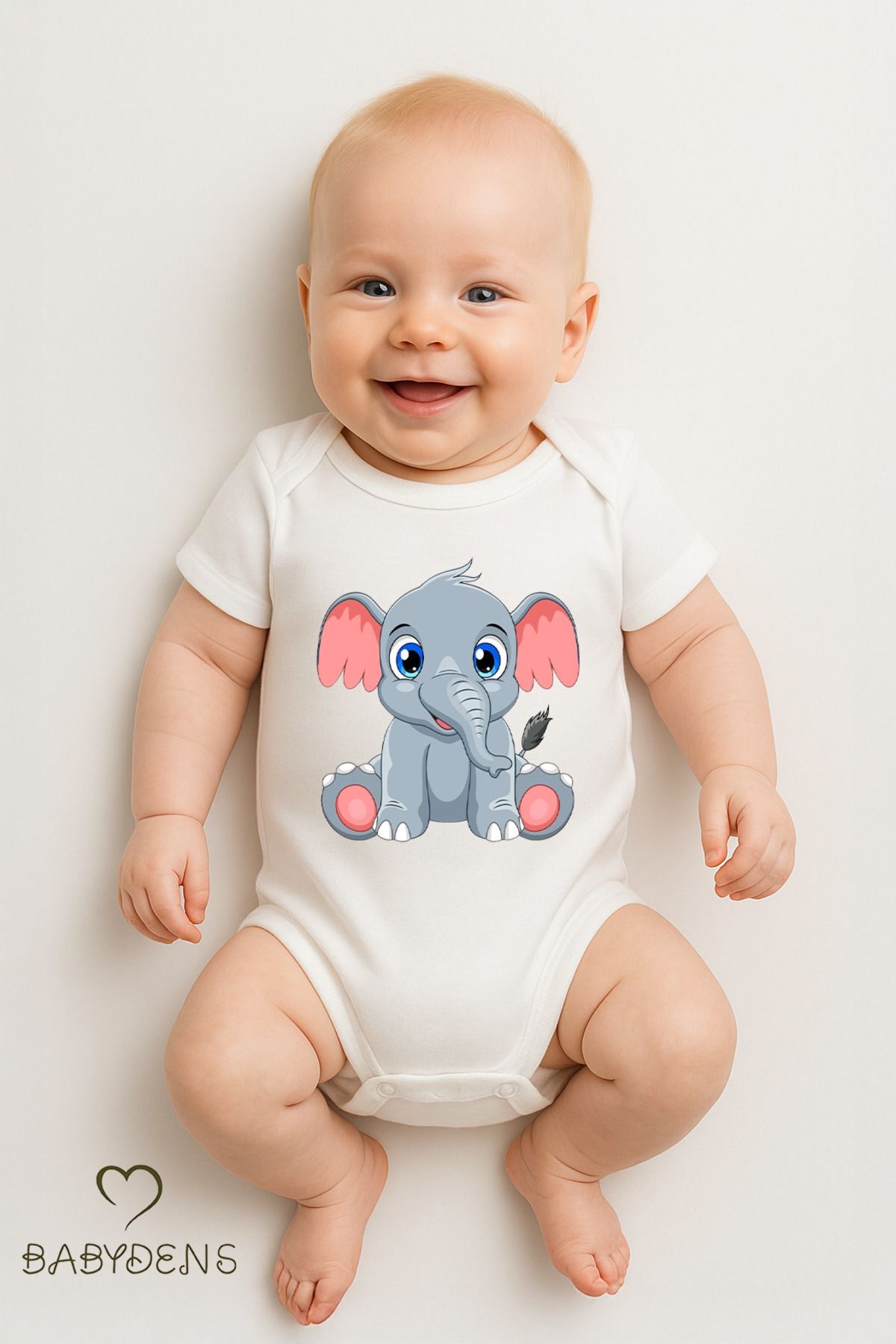%100 Pamuklu Sevimli Hayvan Figürlü Bebek Body Unisex Çıtçıtlı Tulum Yazlık Kısa Kollu Zıbın Fil 18-24 Ay