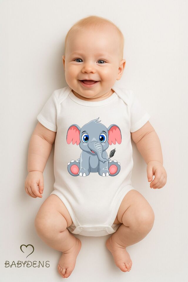 %100 Pamuklu Sevimli Hayvan Figürlü Bebek Body Unisex Çıtçıtlı Tulum Yazlık Kısa Kollu Zıbın Fil 18-24 Ay