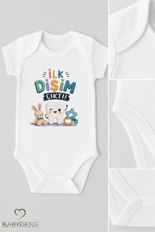 Diş Buğdayı Body %100 Pamuk İlk Dişim Çıktı Baskılı Bebek Kısa Kollu Body Çıtçıtlı Unisex Yenidoğan Zıbın