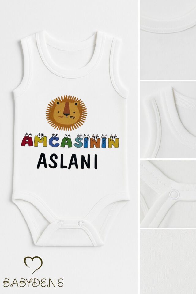 Amcasının Aslanı Yazılı Bebek Zıbın Kolsuz Çıtçıtlı Body %100 Pamuk Hediyelik Bebek Body Tulum 0-3 Ay