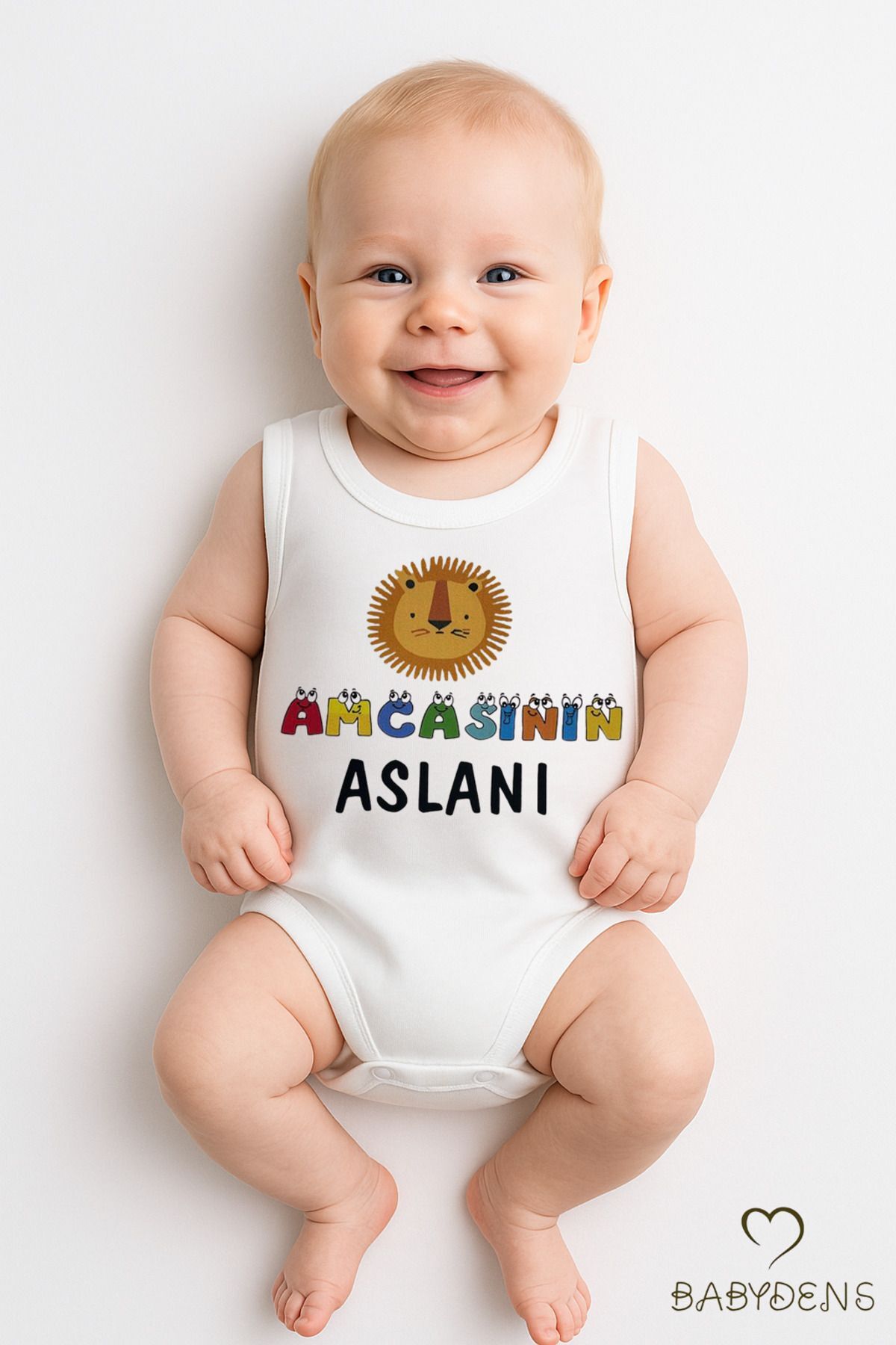 Amcasının Aslanı Yazılı Bebek Zıbın Kolsuz Çıtçıtlı Body %100 Pamuk Hediyelik Bebek Body Tulum 12-18 Ay