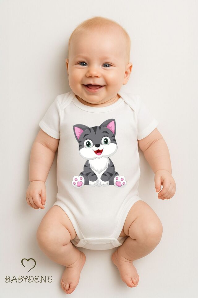 %100 Pamuklu Sevimli Hayvan Figürlü Bebek Body Unisex Çıtçıtlı Tulum Yazlık Kısa Kollu Zıbın Kedi 6-9 Ay