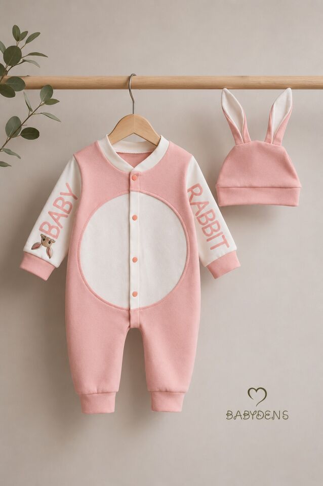 Tavşan Kulaklı Yenidoğan Tulum Seti %100 Pamuklu Ayarlanır Ponponlu Unisex Bebek Tulum Şapka Set