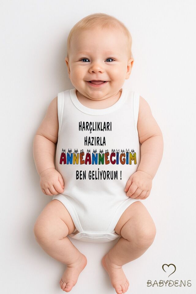 Harçlıkları Hazırla Anneanneciğim Ben Geliyorum Yazılı Unisex Kolsuz Çıtçıtlı Body Bebek Zıbın 18-24 Ay