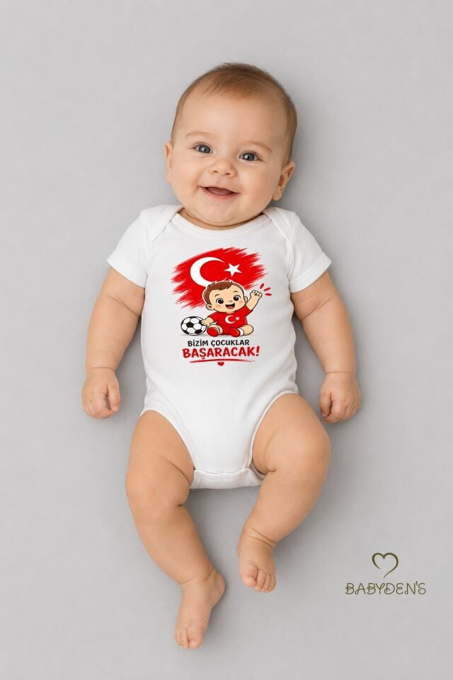 Dünya Kupası Temalı Kısa Kol Bebek Body %100 Pamuk Türk Bayraklı Baskılı Unisex Çıtçıtlı Yenidoğan Zıbın