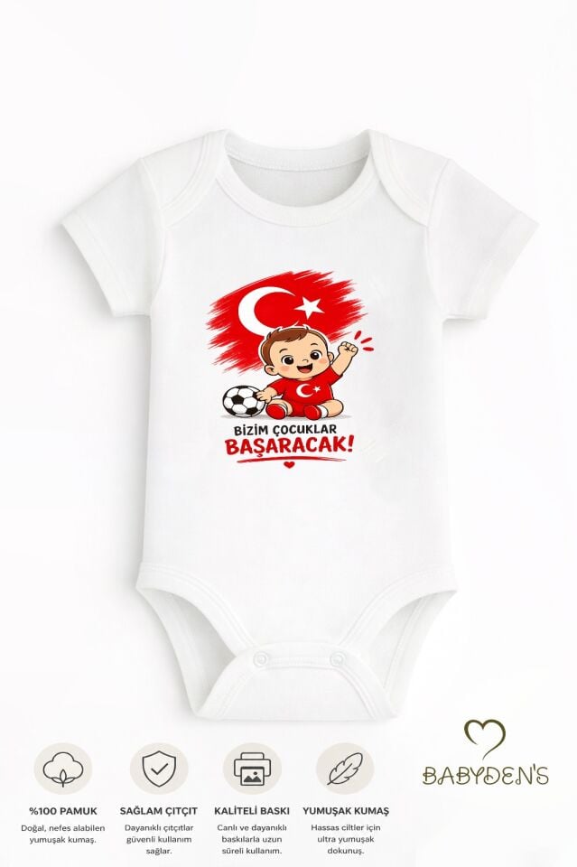 Dünya Kupası Temalı Kısa Kol Bebek Body %100 Pamuk Türk Bayraklı Baskılı Unisex Çıtçıtlı Yenidoğan Zıbın