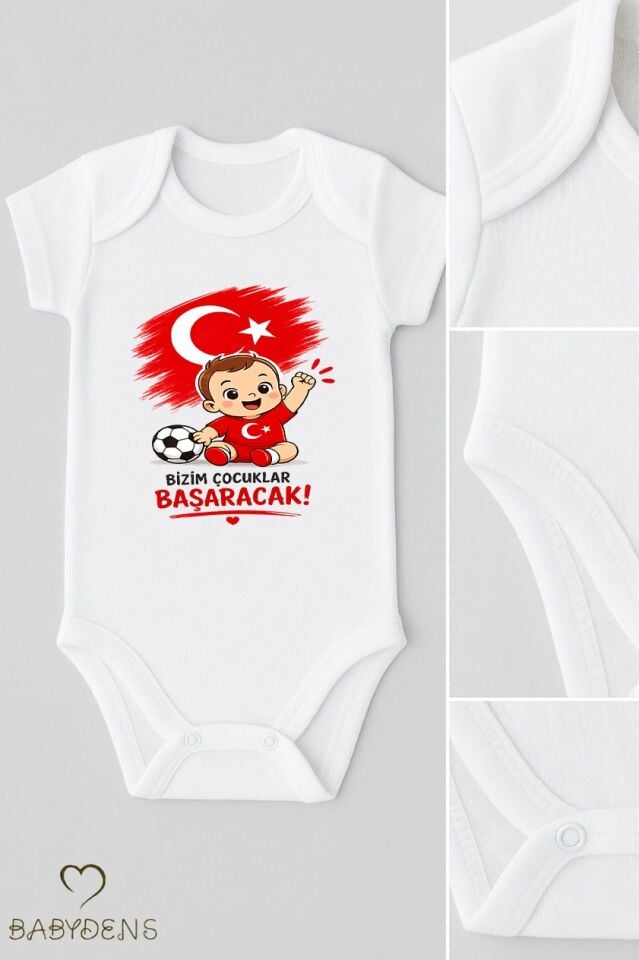 Dünya Kupası Temalı Kısa Kol Bebek Body %100 Pamuk Türk Bayraklı Baskılı Unisex Çıtçıtlı Yenidoğan Zıbın
