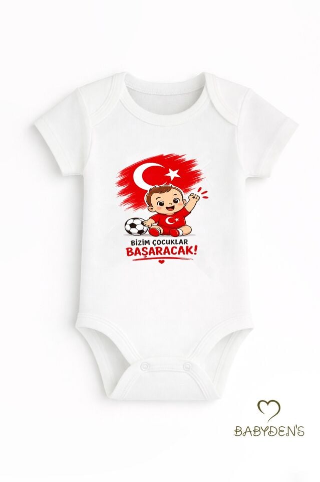 Dünya Kupası Temalı Kısa Kol Bebek Body %100 Pamuk Türk Bayraklı Baskılı Unisex Çıtçıtlı Yenidoğan Zıbın