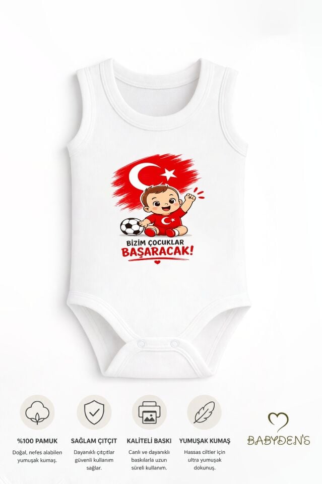 Dünya Kupası Temalı Kolsuz Bebek Body %100 Pamuk Türk Bayraklı Baskılı Unisex Çıtçıtlı Yenidoğan Zıbın