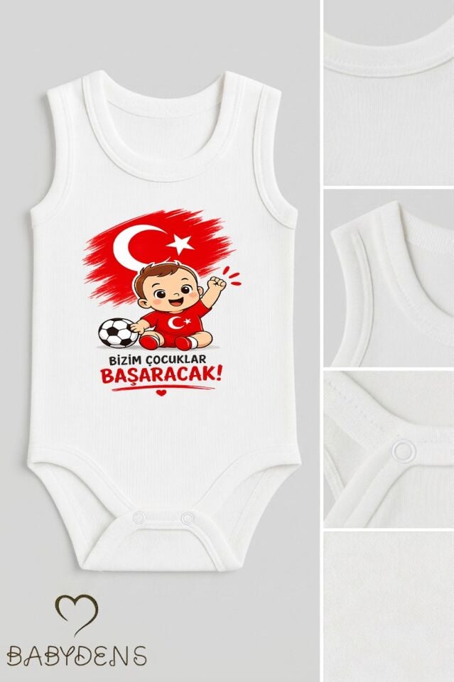 Dünya Kupası Temalı Kolsuz Bebek Body %100 Pamuk Türk Bayraklı Baskılı Unisex Çıtçıtlı Yenidoğan Zıbın