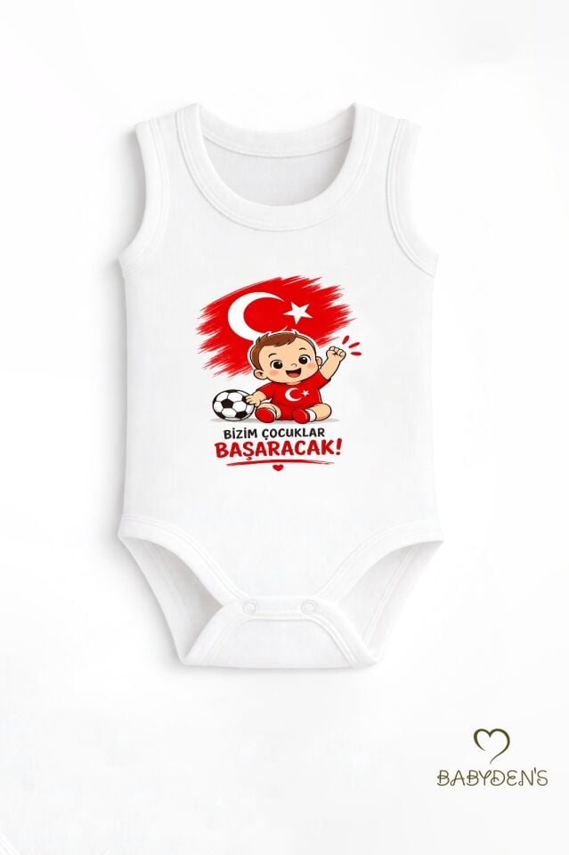 Dünya Kupası Temalı Kolsuz Bebek Body %100 Pamuk Türk Bayraklı Baskılı Unisex Çıtçıtlı Yenidoğan Zıbın