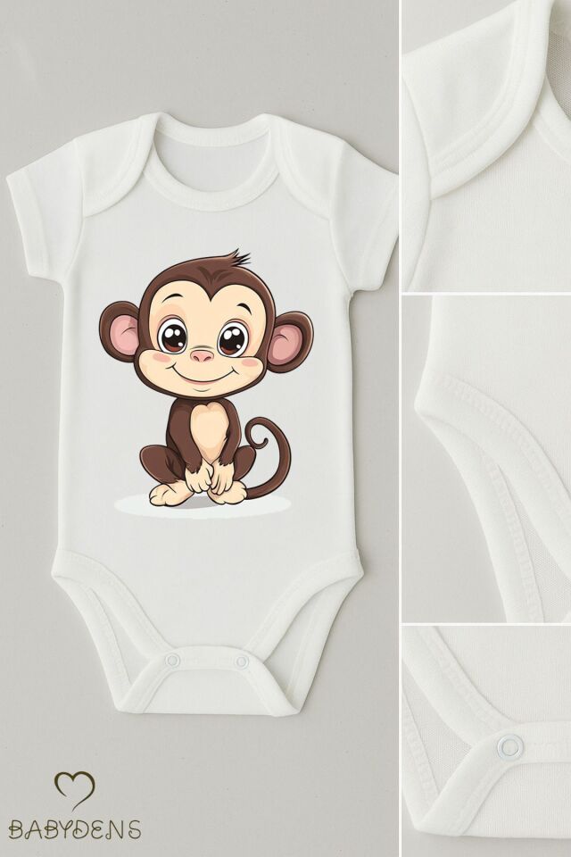 %100 Pamuklu Sevimli Hayvan Figürlü Bebek Body Unisex Çıtçıtlı Tulum Yazlık Kısa Kollu Zıbın Maymun 18-24 Ay