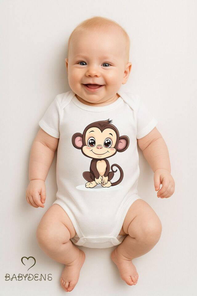 %100 Pamuklu Sevimli Hayvan Figürlü Bebek Body Unisex Çıtçıtlı Tulum Yazlık Kısa Kollu Zıbın Maymun 18-24 Ay