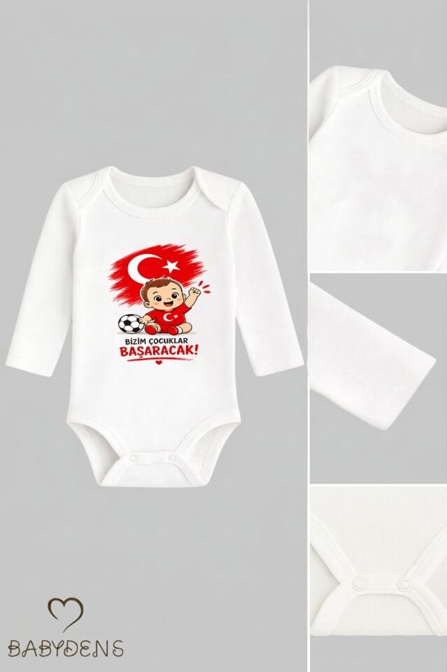 Dünya Kupası Temalı Uzun Kol Bebek Body %100 Pamuk Türk Bayraklı Baskılı Unisex Çıtçıtlı Yenidoğan Zıbın
