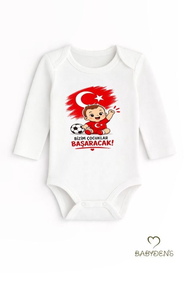 Dünya Kupası Temalı Uzun Kol Bebek Body %100 Pamuk Türk Bayraklı Baskılı Unisex Çıtçıtlı Yenidoğan Zıbın