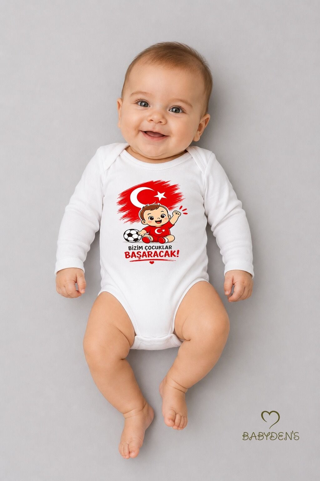 Dünya Kupası Temalı Uzun Kol Bebek Body %100 Pamuk Türk Bayraklı Baskılı Unisex Çıtçıtlı Yenidoğan Zıbın