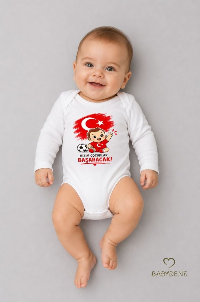 Dünya Kupası Temalı Uzun Kol Bebek Body %100 Pamuk Türk Bayraklı Baskılı Unisex Çıtçıtlı Yenidoğan Zıbın