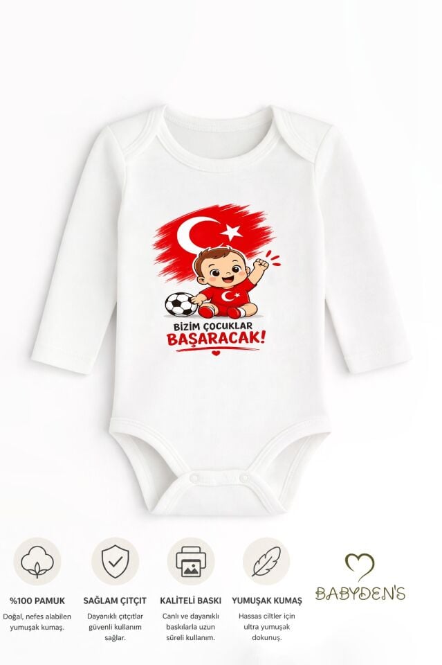 Dünya Kupası Temalı Uzun Kol Bebek Body %100 Pamuk Türk Bayraklı Baskılı Unisex Çıtçıtlı Yenidoğan Zıbın