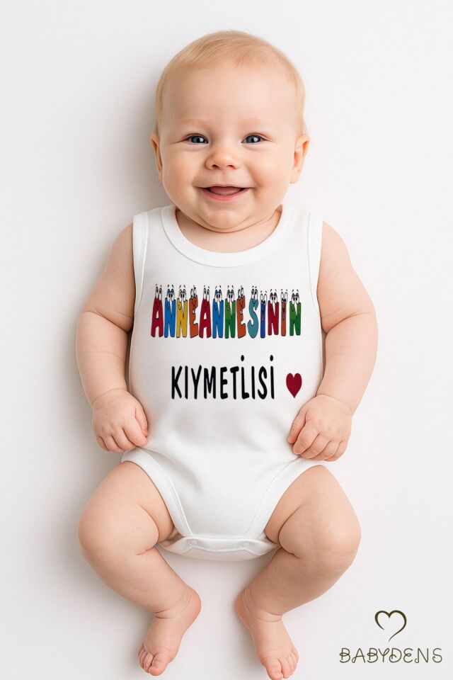 Anneannesinin Kıymetlisi Yazılı Kolsuz %100 Pamuk Body Hediyelik Bebek Zıbını Yazlık Çıtçıtlı Body 9 - 12 Ay