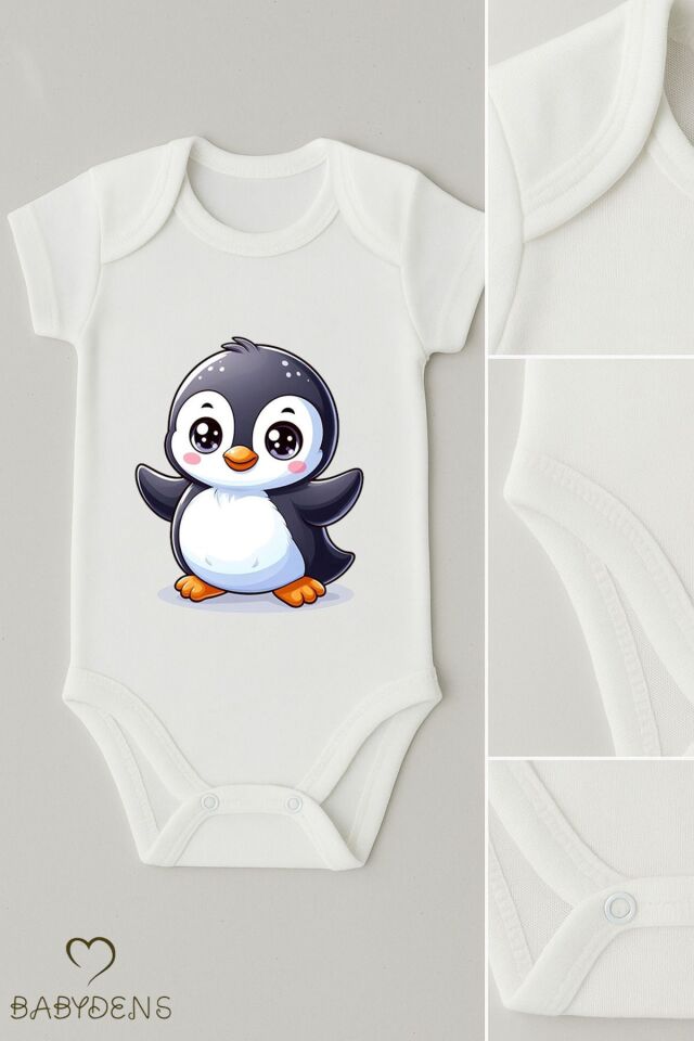 %100 Pamuklu Sevimli Hayvan Figürlü Bebek Body Unisex Çıtçıtlı Tulum Yazlık Kısa Kollu Zıbın Penguen 9 - 12 Ay