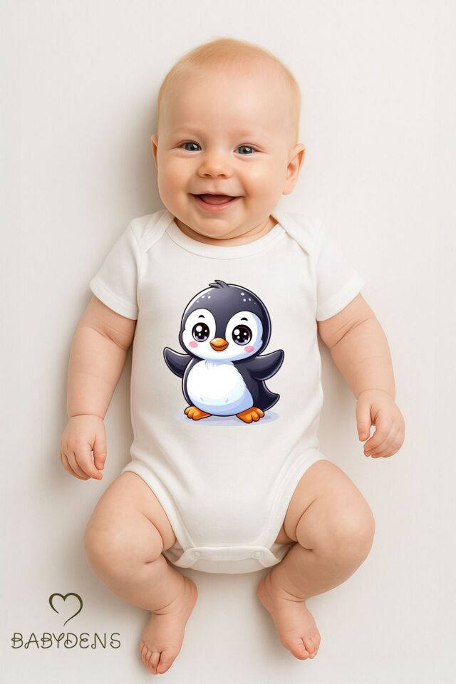 %100 Pamuklu Sevimli Hayvan Figürlü Bebek Body Unisex Çıtçıtlı Tulum Yazlık Kısa Kollu Zıbın Penguen 9 - 12 Ay